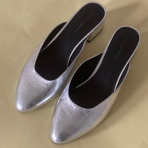 Rebecca Minkoff silver block heel mules